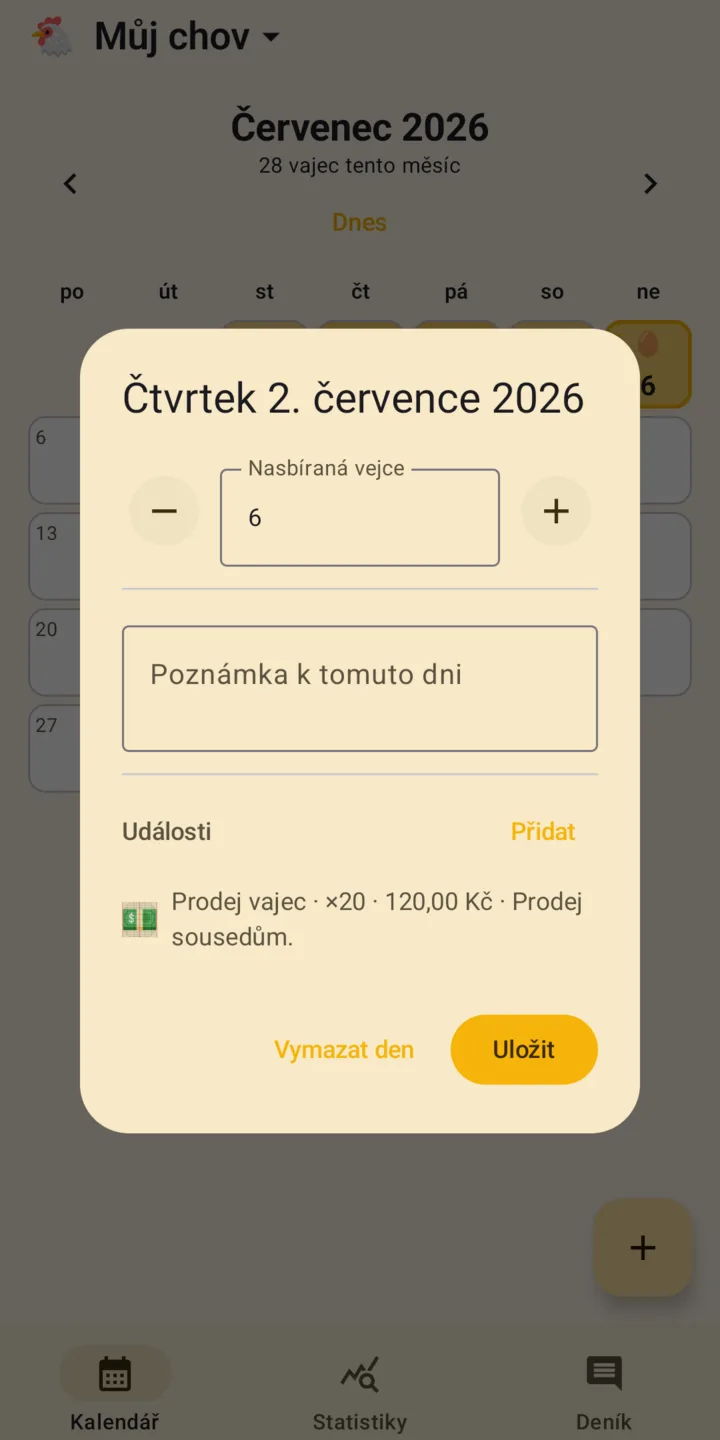 Dialog pro zápis vajec a událostí dne